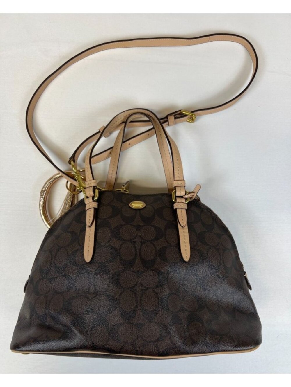 Coach Womens Signature Brown Dome Satchel Leather Handbag With Gold Hardware